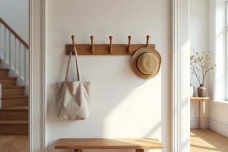 Patère murale originale en bois de chêne naturel dans une entrée chaleureuse avec parquet en chevrons