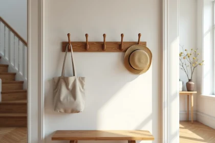 Patère murale originale en bois de chêne naturel dans une entrée chaleureuse avec parquet en chevrons