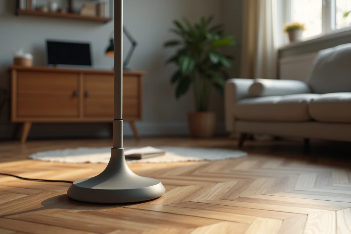 Gros plan sur le pied en métal d'un lampadaire halogène posé sur parquet en bureau à domicile