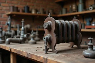 Pied de radiateur fonte d'occasion posé sur un établi dans une casse de matériaux anciens