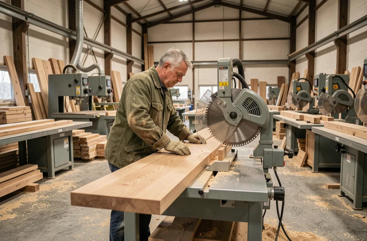 Artisan de Pierre Bourreau PLC Menuiseries découpant un appui de fenêtre en chêne massif dans un atelier de fabrication