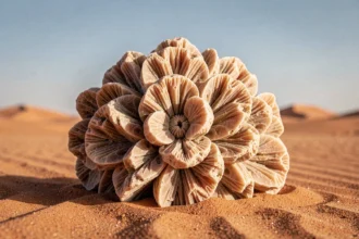Pierre rose des sables naturelle posée sur du sable du désert du Sahara, montrant ses cristaux de gypse en forme de pétales avec des tons ocre et rouille