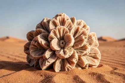 Pierre rose des sables naturelle posée sur du sable du désert du Sahara, montrant ses cristaux de gypse en forme de pétales avec des tons ocre et rouille