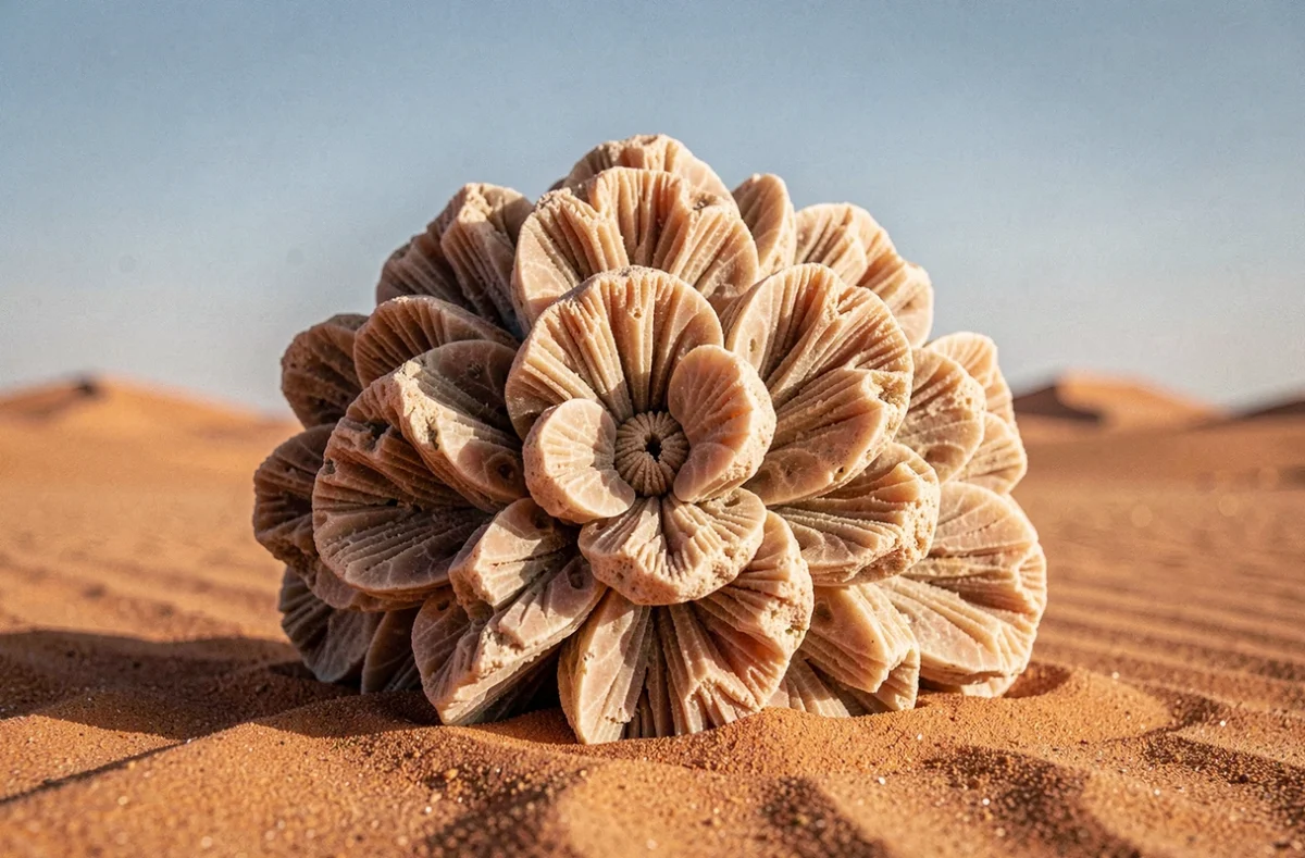 Pierre rose des sables naturelle posée sur du sable du désert du Sahara, montrant ses cristaux de gypse en forme de pétales avec des tons ocre et rouille