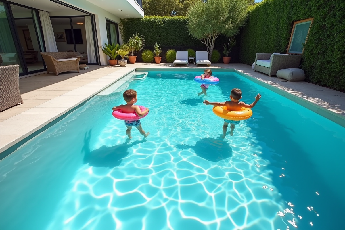 Jeunes jouant dans une piscine hors sol avec jouets gonflables