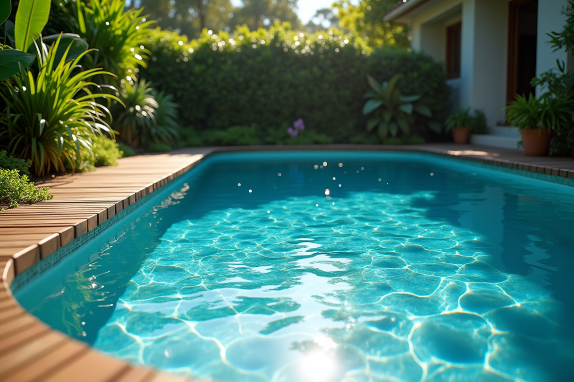 Piscine de jardin sereine avec plantes vertes et reflet du soleil