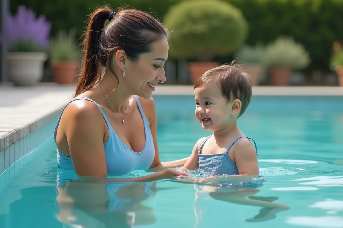 Femme et enfant dans une piscine familiale à l'eau salée claire, idéale pour les peaux sensibles