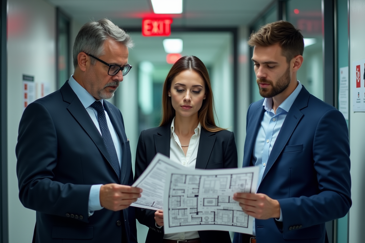 Manager en costume bleu examine un plan d evacuation en équipe