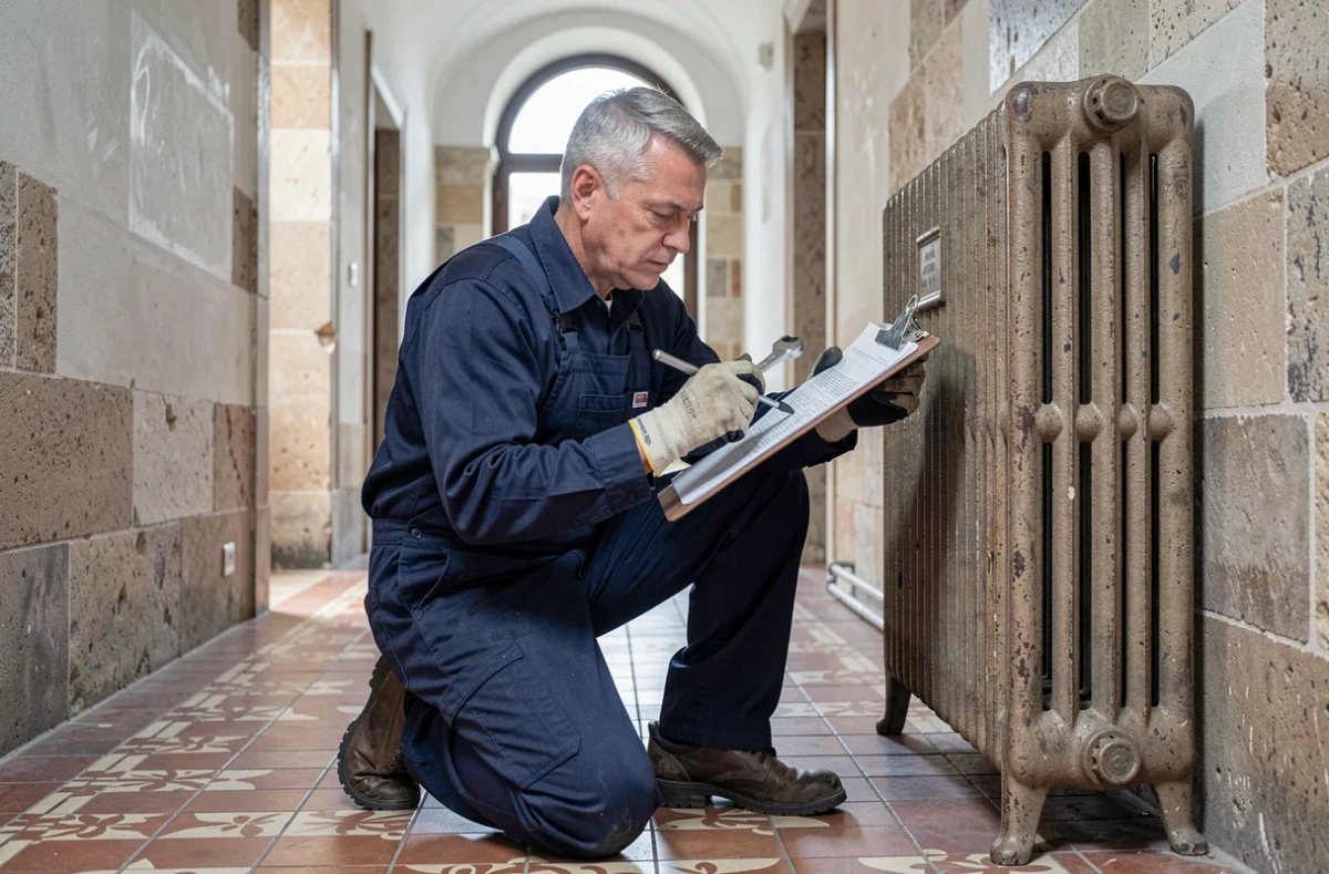 Plombier professionnel inspectant un radiateur en fonte dans un couloir de bâtiment ancien lors d'un diagnostic de rénovation énergétique