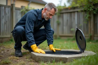 Plombier inspectant un drain de fosse septique saturé dans un jardin résidentiel