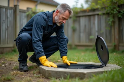 Plombier inspectant un drain de fosse septique saturé dans un jardin résidentiel