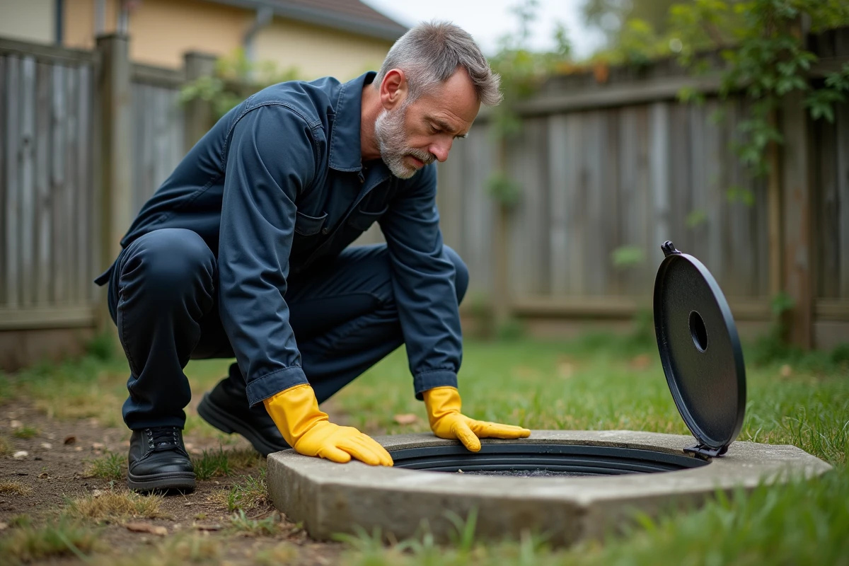 Plombier inspectant un drain de fosse septique saturé dans un jardin résidentiel