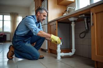 Homme en overalls bleu examine un joint de plomberie sous un évier