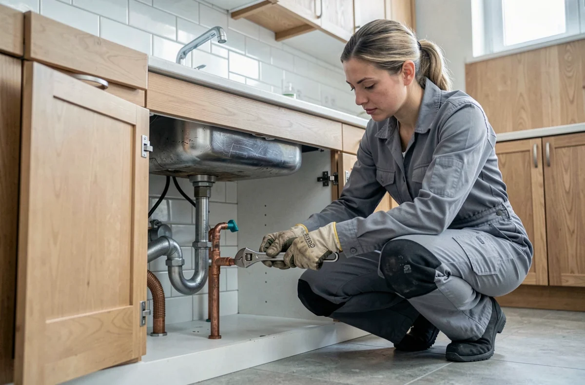 Plombière professionnelle réparant des tuyaux en cuivre sous un évier de cuisine lors de travaux DIY de plomberie sécurisée
