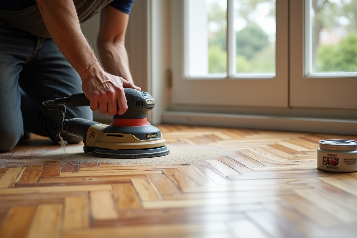 Artisan ponçant un parquet en chevrons dans un appartement urbain