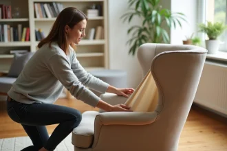 Femme installant une housse extensible beige sur un fauteuil à oreilles dans un salon décoré avec soin
