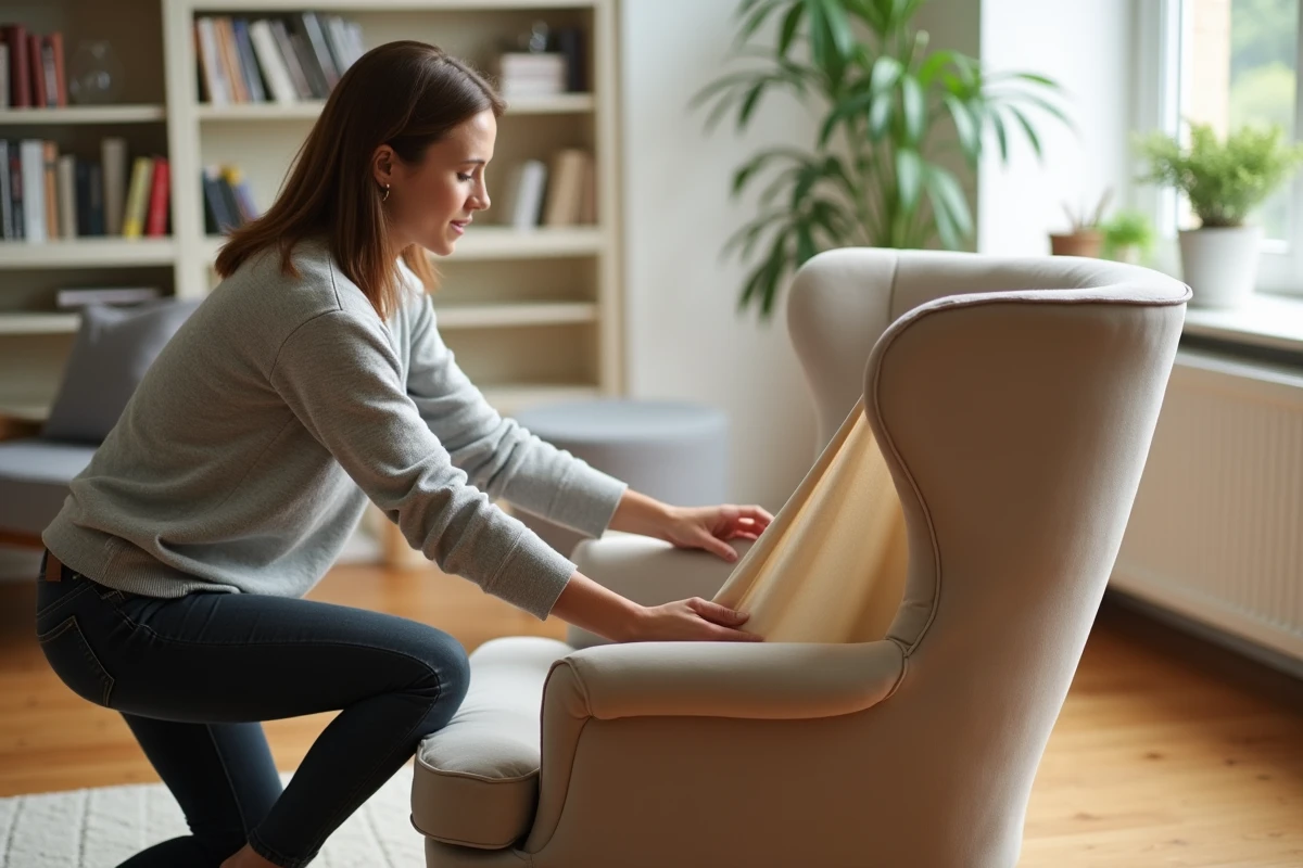 Femme installant une housse extensible beige sur un fauteuil à oreilles dans un salon décoré avec soin