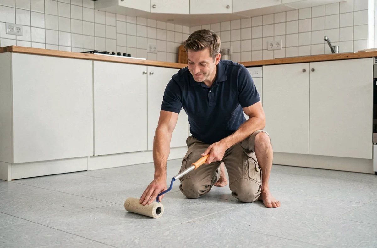 Homme posant du linoléum pas cher dans une cuisine d'appartement urbain