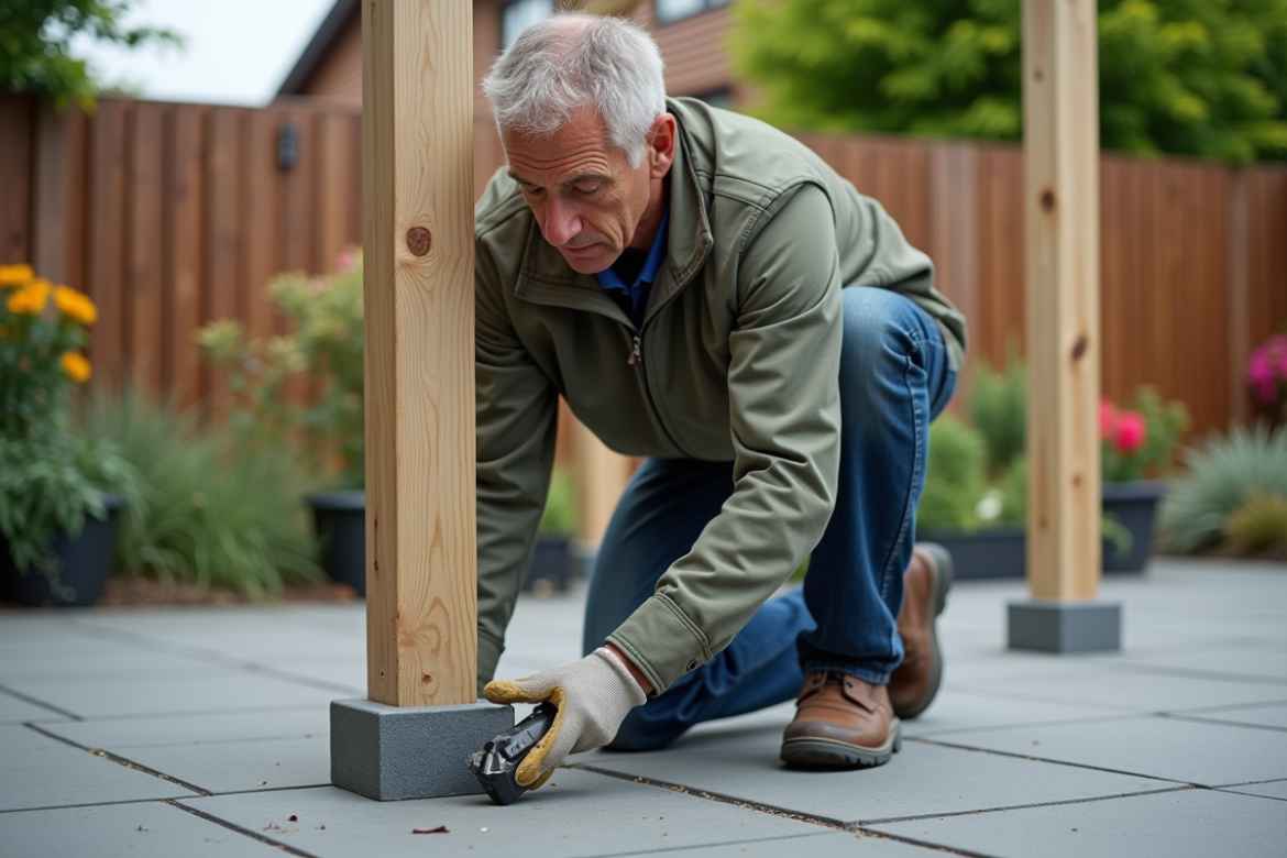 Homme d'âge moyen fixant une pergola dans un jardin