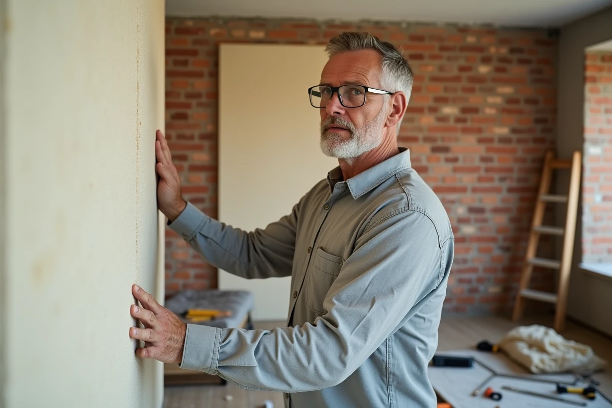 Homme installant une plaque d'isolation thermique sur un mur intérieur lors d'une rénovation légère