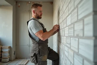 Hommes poseur de carrelage dans une salle de bain en rénovation