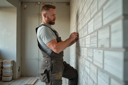 Hommes poseur de carrelage dans une salle de bain en rénovation