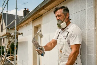 Professionnel du bâtiment appliquant un enduit extérieur sur des panneaux de polystyrène fixés à la façade d'une maison en rénovation
