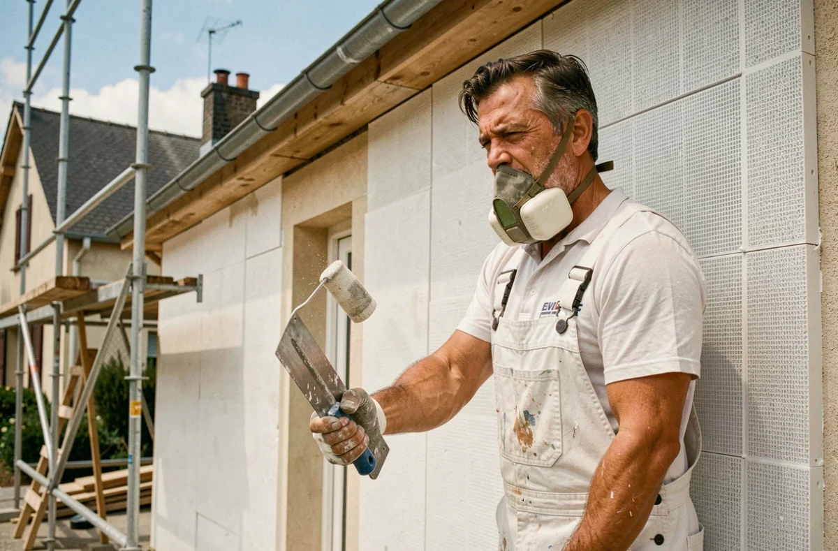 Professionnel du bâtiment appliquant un enduit extérieur sur des panneaux de polystyrène fixés à la façade d'une maison en rénovation