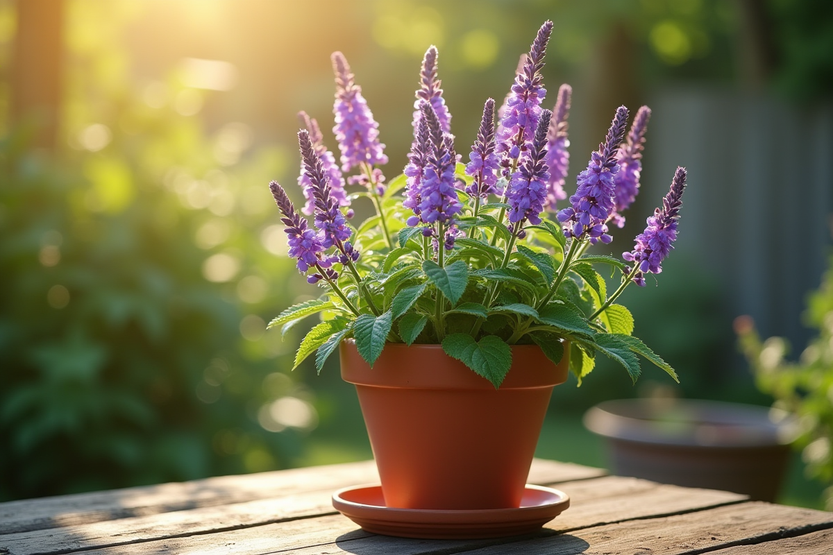 Pot en terre cuite avec nepeta en plein air au matin