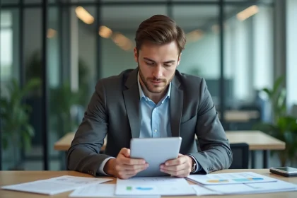 Jeune homme d'affaires dans un bureau moderne organisé