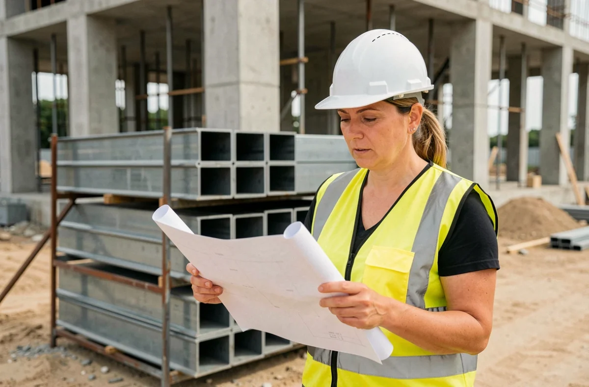 Professionnelle de la construction analysant des plans techniques devant des tubes carrés en fer sur un chantier