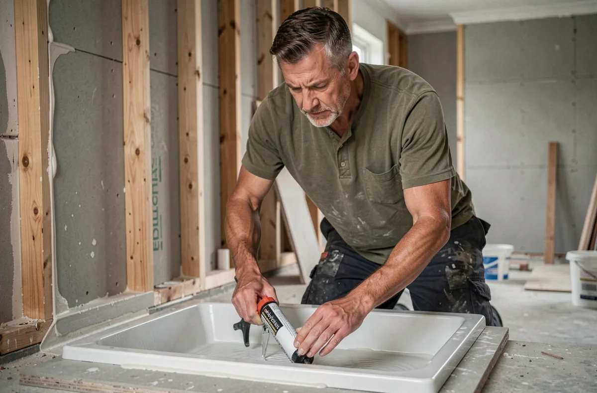 Propriétaire appliquant du mastic d'étanchéité dans une salle de bain en rénovation pour sécuriser la plomberie et l'électricité