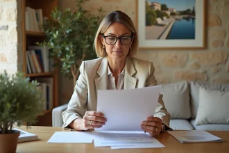 Propriétaire de villa consultant les documents de définition pour une location saisonnière à son bureau