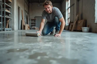Technicien appliquant un produit de protection sur un sol en béton brut taché dans un loft industriel