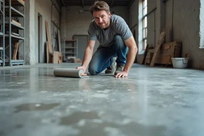 Technicien appliquant un produit de protection sur un sol en béton brut taché dans un loft industriel