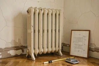 Radiateur en fonte ancien dans un appartement haussmannien avec parquet et mur en plâtre fissuré, contexte de rénovation énergétique