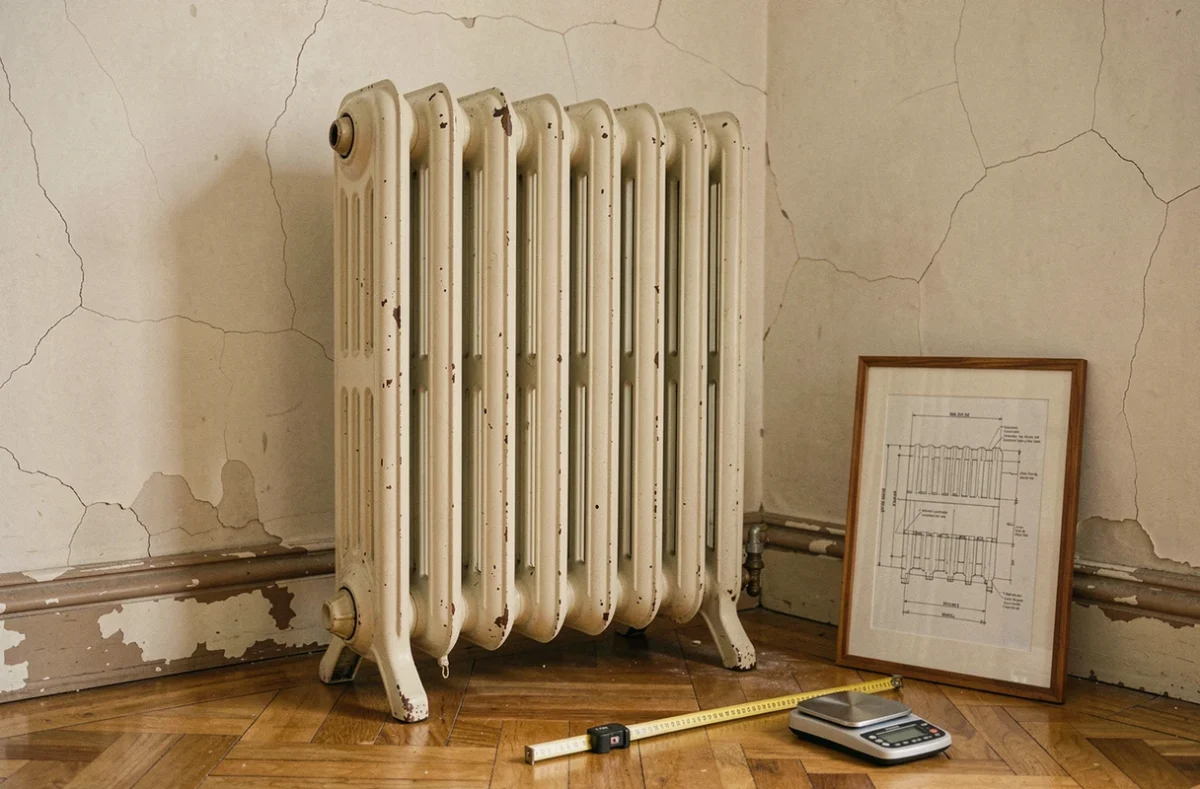 Radiateur en fonte ancien dans un appartement haussmannien avec parquet et mur en plâtre fissuré, contexte de rénovation énergétique