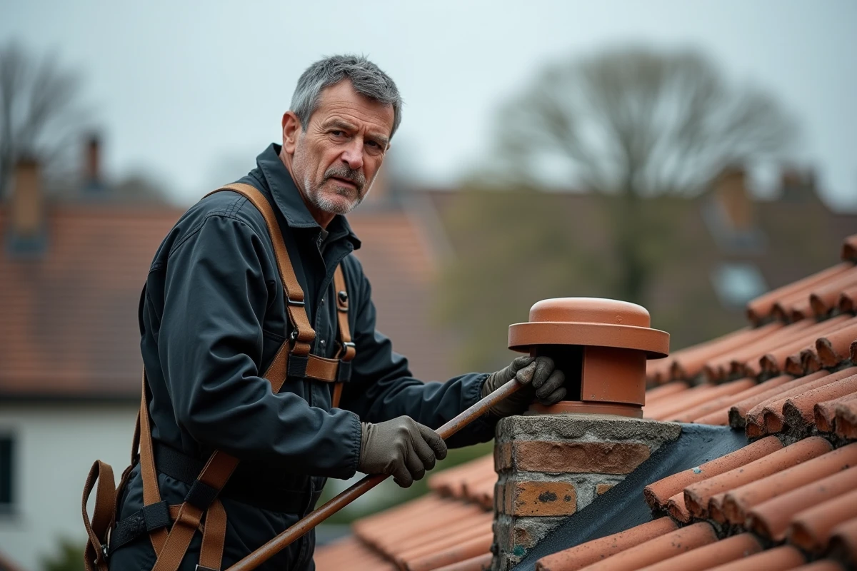 Ramoneur professionnel inspectant une cheminée en terre cuite sur un toit de maison avec brosse de ramonage