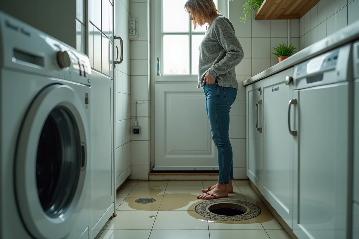 Propriétaire inquiète face à un reflux d'eau dû à un drain de fosse septique saturé dans une buanderie