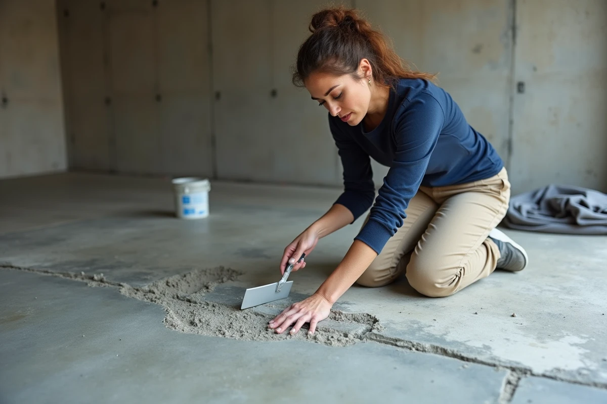 Femme réparant des taches et défauts sur un sol en béton brut dans un garage résidentiel