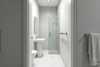 Petite salle de bain de 4m2 sans WC avec douche à l'italienne et lavabo sur colonne, vue d'ensemble depuis l'entrée