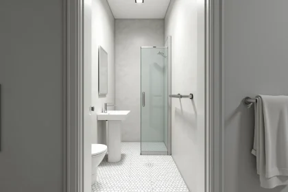 Petite salle de bain de 4m2 sans WC avec douche à l'italienne et lavabo sur colonne, vue d'ensemble depuis l'entrée