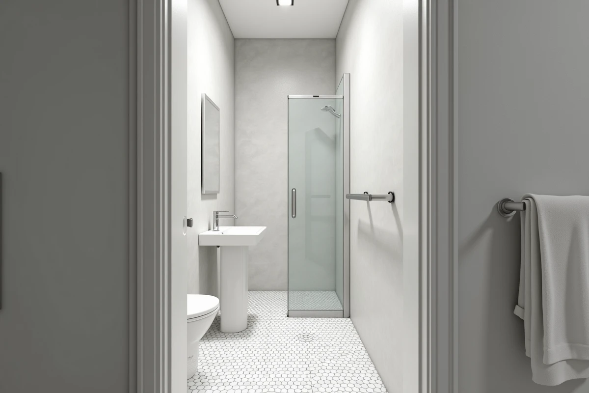 Petite salle de bain de 4m2 sans WC avec douche à l'italienne et lavabo sur colonne, vue d'ensemble depuis l'entrée