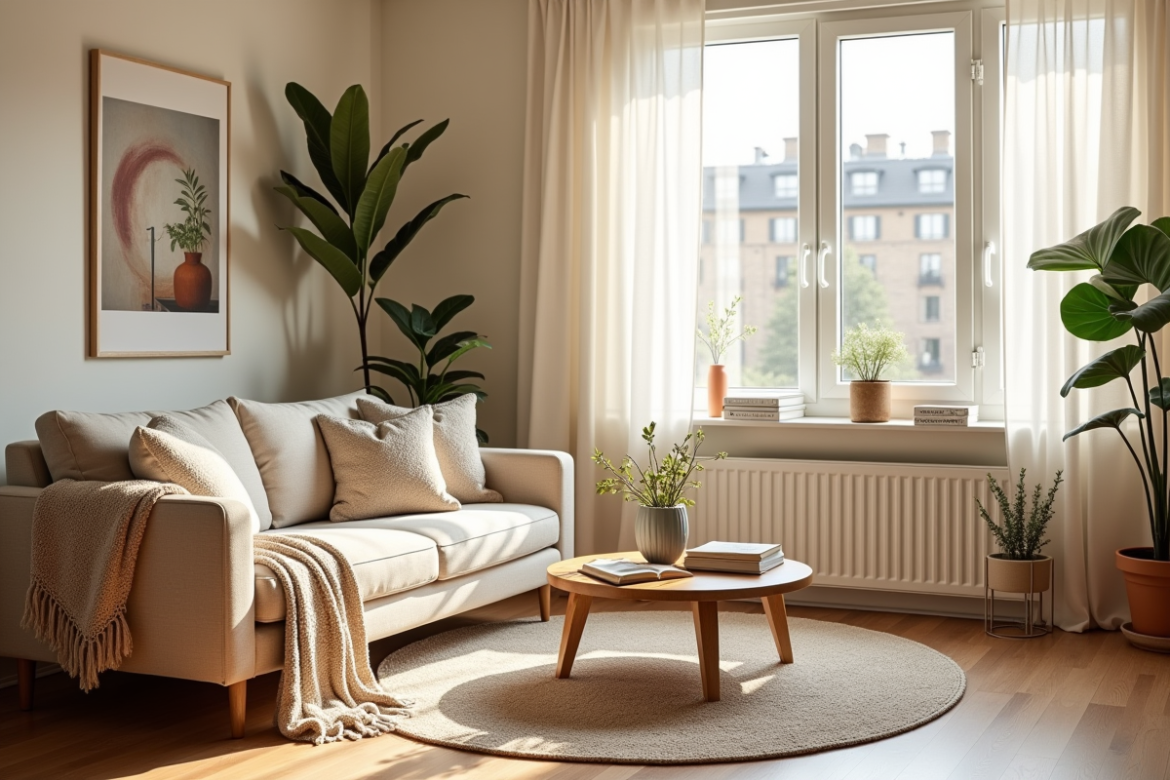 Petit salon moderne avec canapé beige et plantes vertes