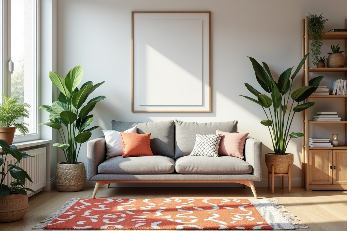 Salon scandinave lumineux avec tapis coloré et étagères