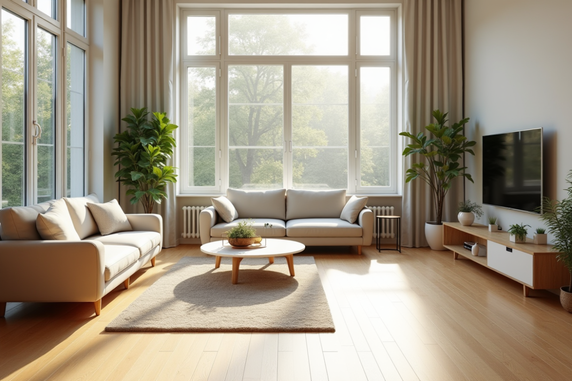 Salon moderne avec parquet clair et mobilier scandinave