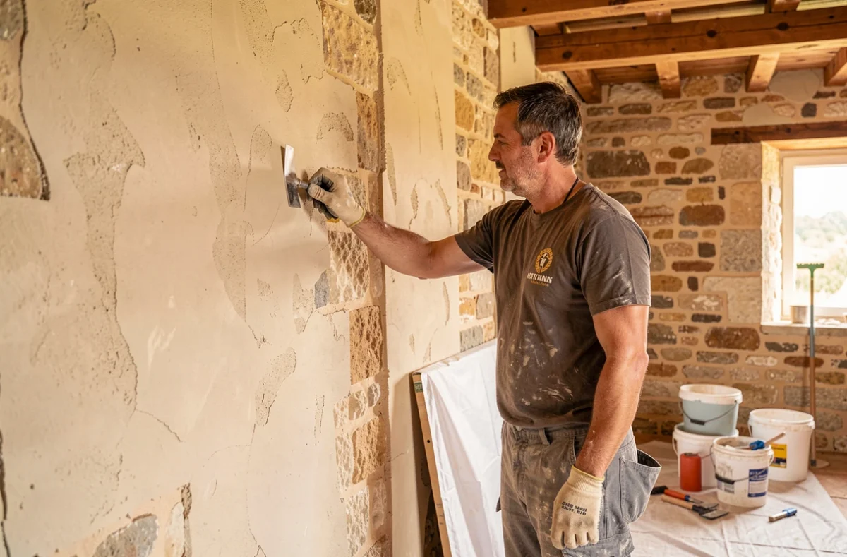 Artisan Sébastien Mourguet appliquant de l'enduit sur un mur intérieur en pierre d'une ferme rénovée en Lot-et-Garonne