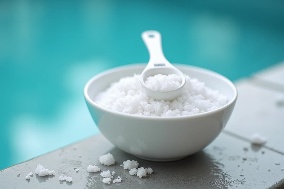 Gros plan sur du sel de piscine dosé avec précision pour une eau adaptée aux peaux sensibles et aux enfants