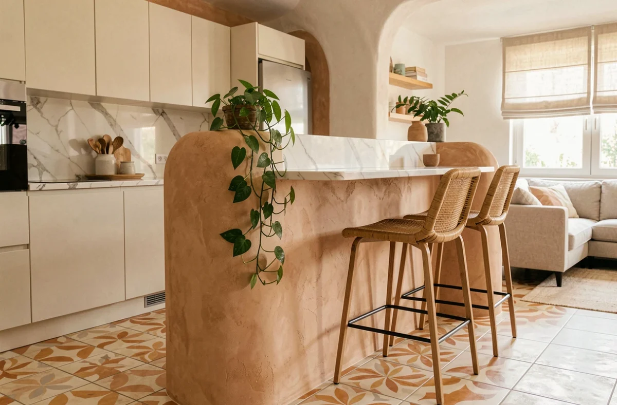 Cloison arrondie en tadelakt sable avec comptoir en marbre Calacatta séparant cuisine et salon dans un intérieur méditerranéen contemporain