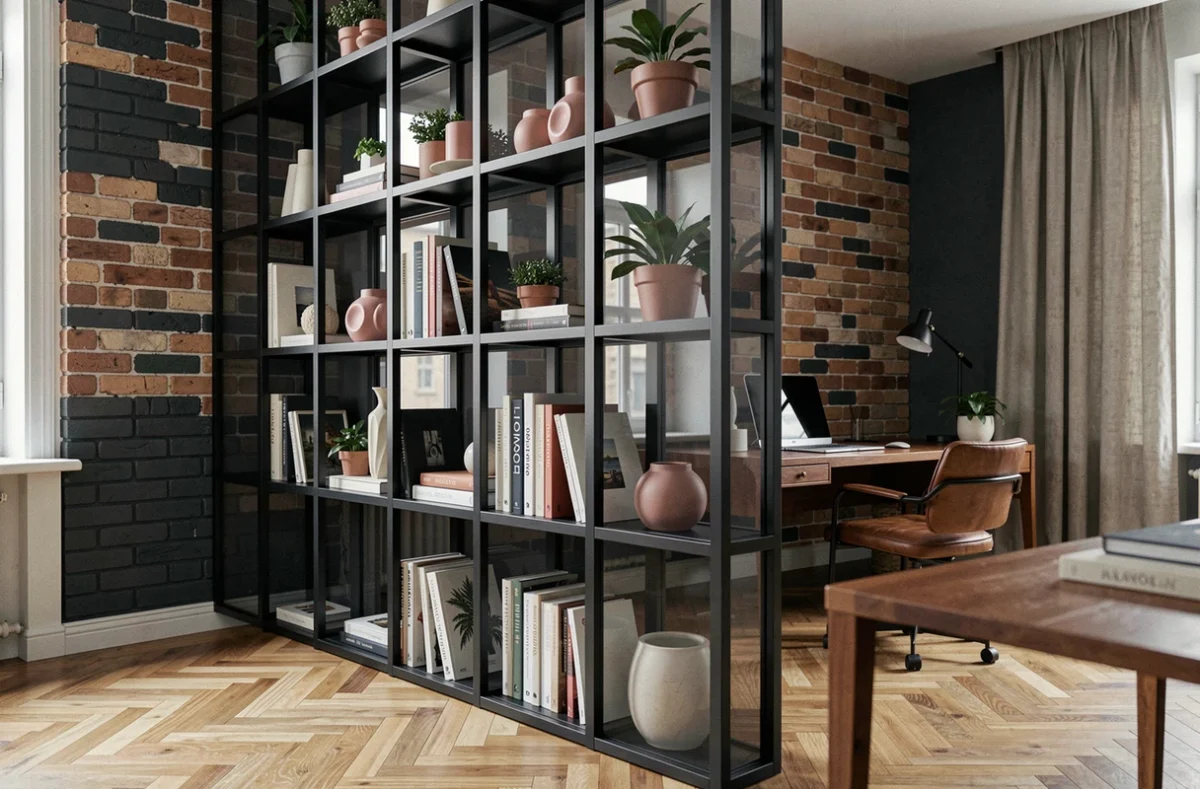 Étagère modulaire en acier noir et verre fumé servant de séparation entre bureau et coin lecture dans un appartement urbain